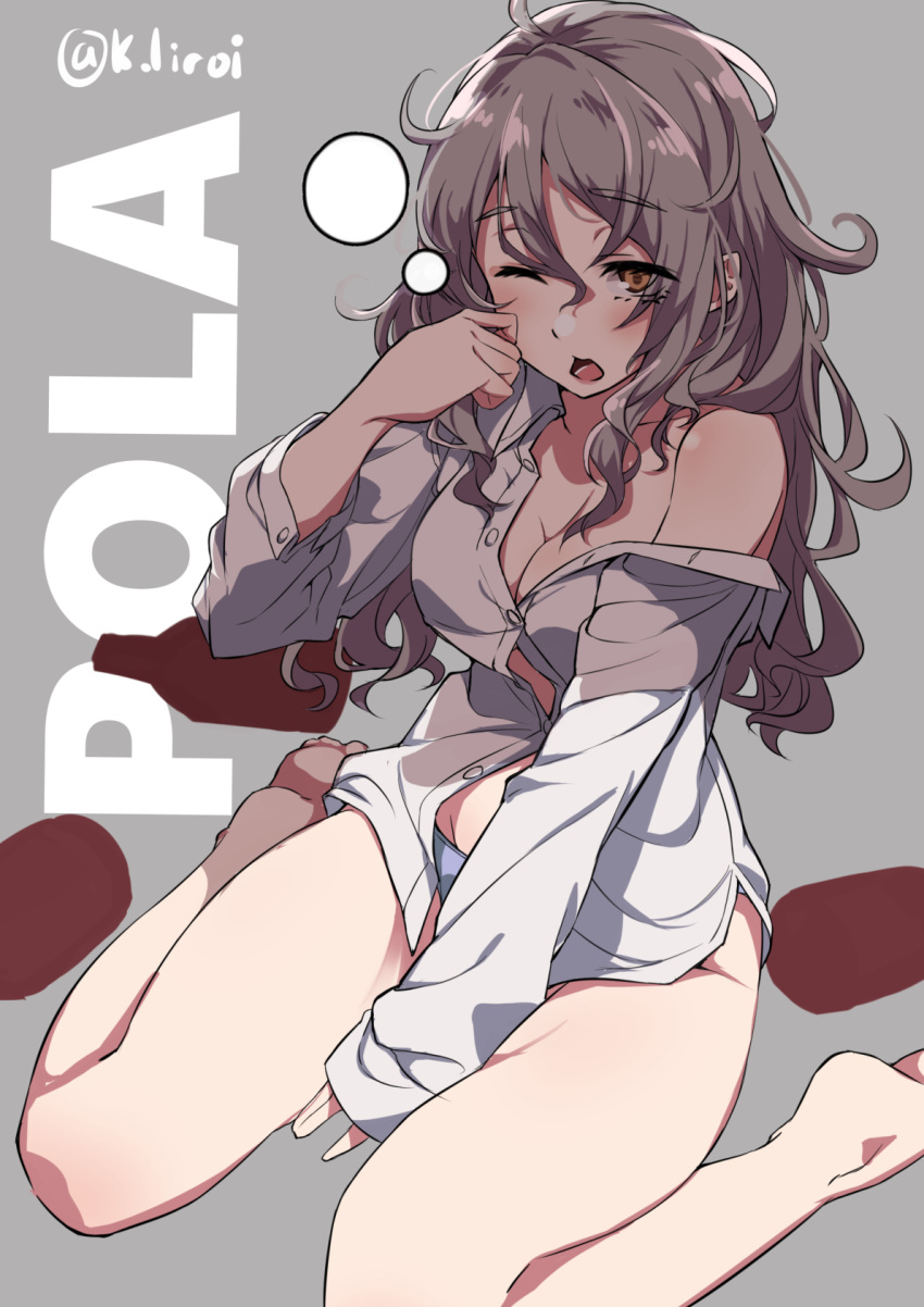 1girl alternate_costume barefoot breasts brown_eyes character_name cleavage commentary_request grey_background grey_hair highres kagari_leroy kantai_collection long_hair long_sleeves medium_breasts one_eye_closed open_mouth panties pola_(kantai_collection) shirt simple_background sleepy solo twintails underwear wavy_hair white_panties white_shirt