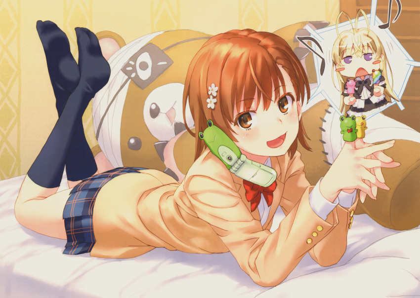 1girl absurdres black_legwear blue_sailor_collar brown_eyes brown_hair cellphone dress_shirt eyepatch finger_puppet hair_ornament highres huge_filesize long_hair looking_at_viewer lying misaka_mikoto multiple_girls on_bed on_stomach phone plaid plaid_skirt pleated_skirt puppet raika9 sailor_collar sakugawa_school_uniform scan school_uniform serafuku shirt skirt smile socks stuffed_animal stuffed_toy teddy_bear to_aru_kagaku_no_railgun to_aru_majutsu_no_index tokiwadai_school_uniform