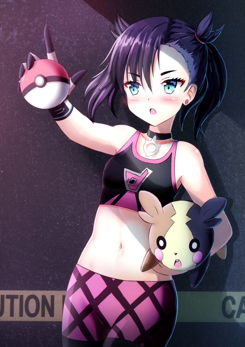 1girl arlly_radithia asymmetrical_bangs bangs bare_shoulders black_choker black_gloves black_hair blush breasts carrying_under_arm choker collarbone commentary_request crop_top earrings eyebrows_visible_through_hair gen_8_pokemon gloves green_eyes hair_between_eyes hair_ribbon highres holding holding_poke_ball jewelry mary_(pokemon) midriff morpeko navel open_mouth pink_shorts poke_ball poke_ball_(generic) pokemon pokemon_(creature) pokemon_(game) pokemon_swsh red_ribbon ribbon short_shorts shorts small_breasts stud_earrings twintails