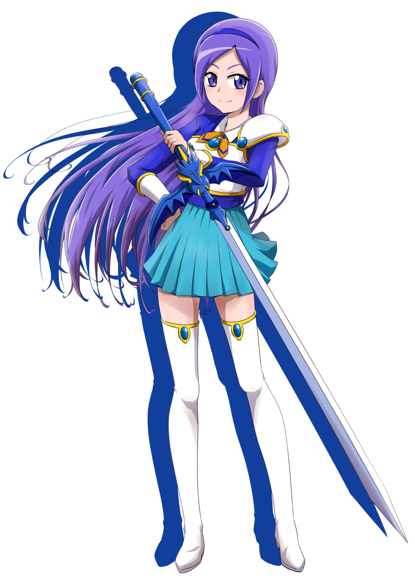 1girl absurdres aono_miki bangs blue_eyes blue_hairband blue_shirt blue_skirt boots closed_mouth cosplay floating_hair fresh_precure! full_body hairband hand_on_hip highres holding holding_sword holding_weapon long_hair long_sleeves looking_at_viewer magic_knight_rayearth miniskirt niita parted_bangs pleated_skirt precure purple_hair ryuuzaki_umi ryuuzaki_umi_(cosplay) shiny shiny_hair shirt shoulder_armor simple_background skirt smile solo standing sword thigh_boots thighhighs very_long_hair weapon white_background white_footwear zettai_ryouiki