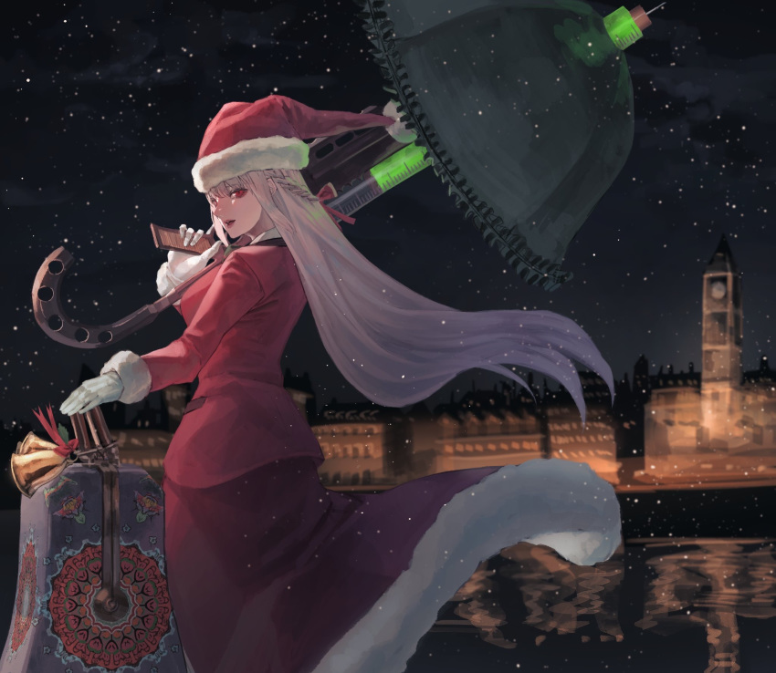 1girl bag bell clock clock_tower fate/grand_order fate_(series) florence_nightingale_(fate/grand_order) florence_nightingale_santa_(fate/grand_order) from_behind gloves hat highres london long_hair makitoshi0316 night night_sky over_shoulder pink_hair red_eyes santa_hat sky snow tower umbrella_gun weapon weapon_over_shoulder white_gloves
