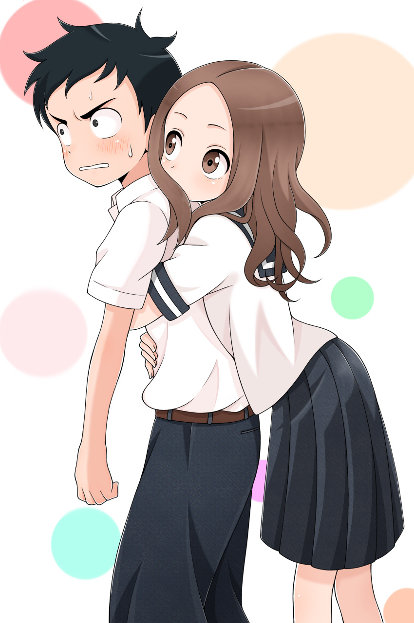 1boy 1girl absurdres blue_sailor_collar breasts_on_back brown_eyes brown_hair flat_chest forehead highres hug hug_from_behind ito_kashiwamochi karakai_jouzu_no_takagi-san neckerchief nishikata red_neckwear sailor_collar sanpaku school_uniform serafuku shirt takagi-san white_shirt