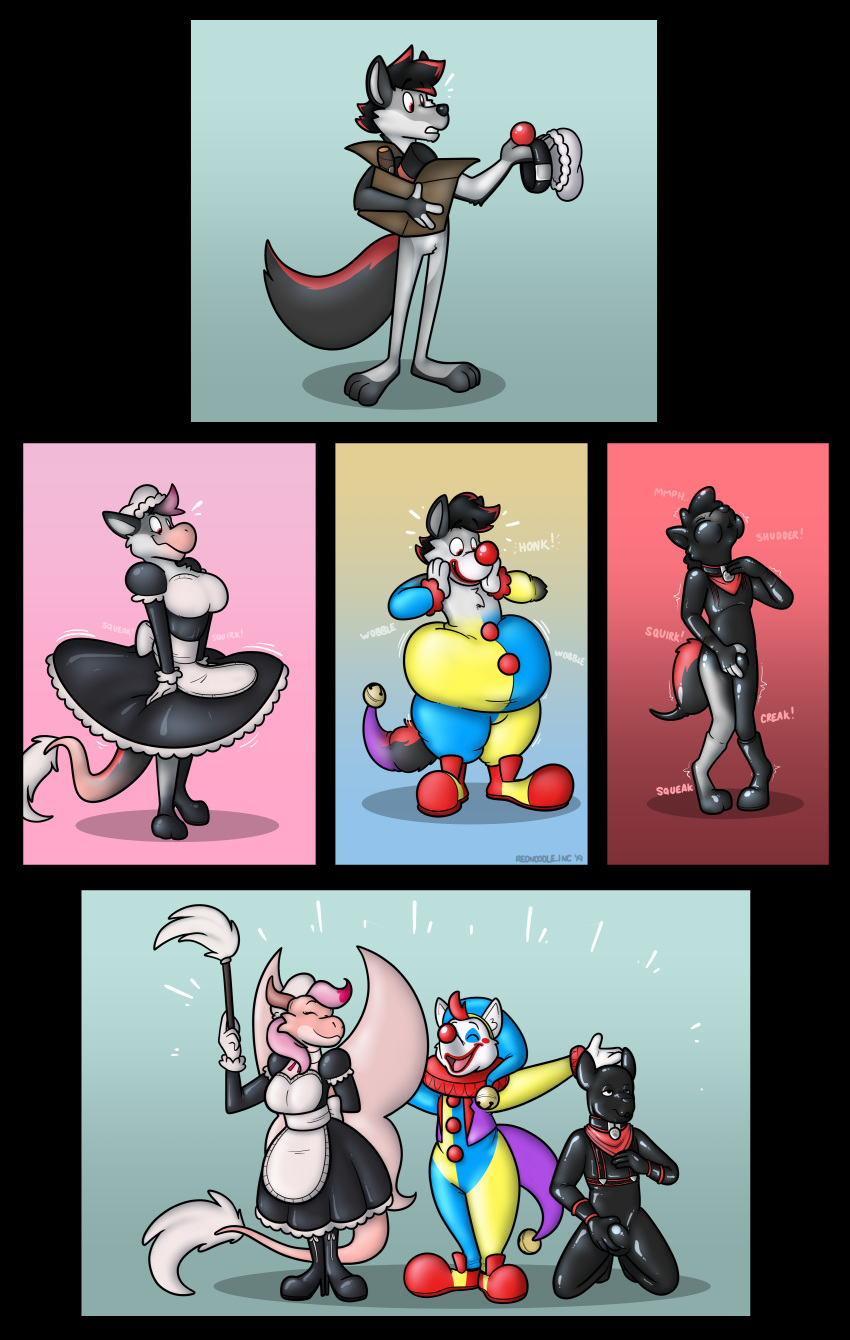 2019 4_fingers absurd_res anthro ball_gag bell black_body black_collar black_fur black_hair bodysuit boots bulge canid canine canis clothed clothing clown collar comic digital_drawing_(artwork) digital_media_(artwork) dragon female fingers footwear fur gag gagged gender_transformation gloves goo_transformation gradient_background grey_body grey_fur group hair handwear hi_res isabella_(zeydaan) maid_uniform makeup male mammal markings multicolored_hair neckerchief open_mouth red_body red_eyes red_fur rednoodle.inc rubber simple_background skinsuit smile standing surprise sushi_the_clown tight_clothing transformation two_tone_hair uniform wolf zeydaan