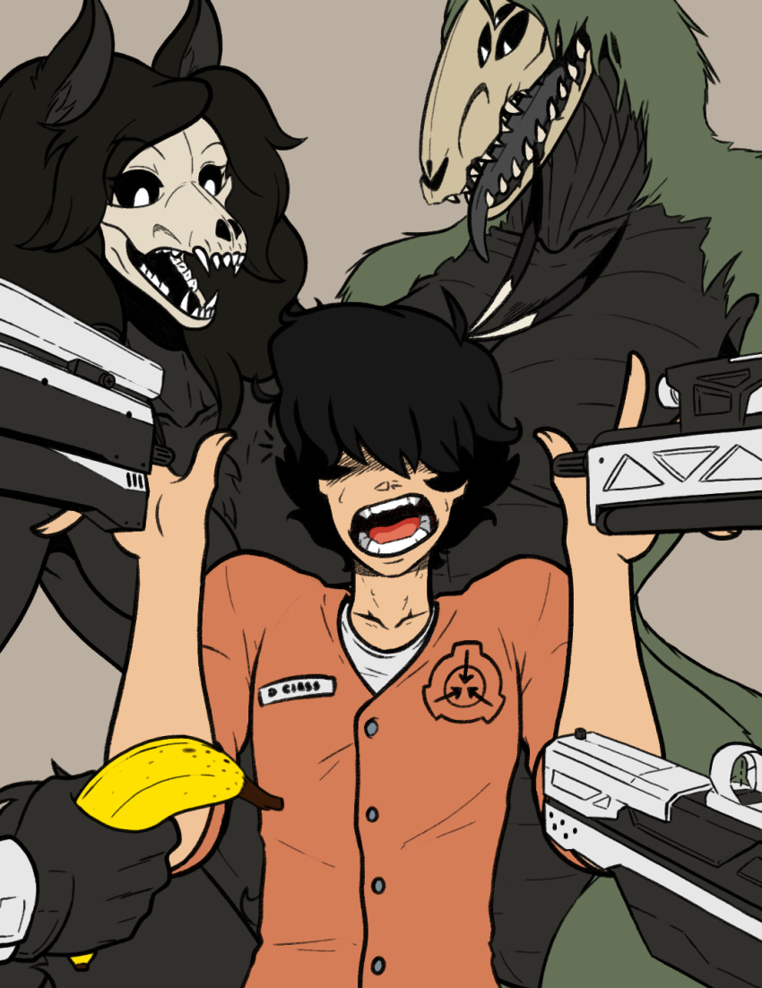 2019 animal_humanoid anthro banana black_body black_fur black_hair bone breasts canid canine clothed clothing digital_media_(artwork) female food fruit fur gun hair human humanoid jodelr lizard male male/female mammal monster nude open_mouth plant ranged_weapon reptile ryan_d_decker_(jodelr) scalie scp-1471 scp-682 scp_foundation skull teeth tongue undead weapon