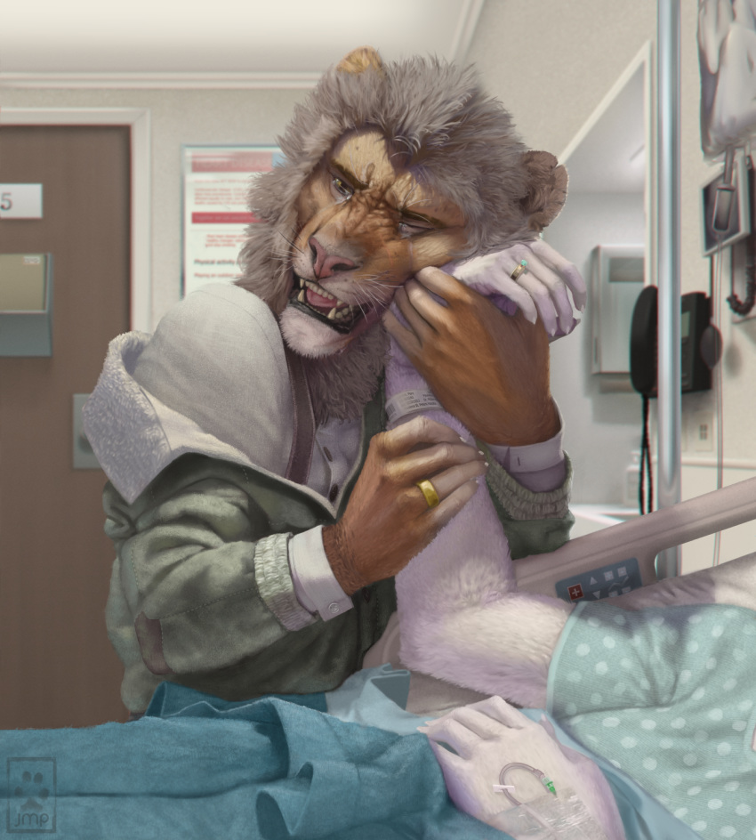 anthro bed bodily_fluids clothing crying death detailed_background duo felid female furniture fuzzle_(artist) grey_hair hair hospital lion love male mammal mates old pantherine patient ring sad tears wedding_ring