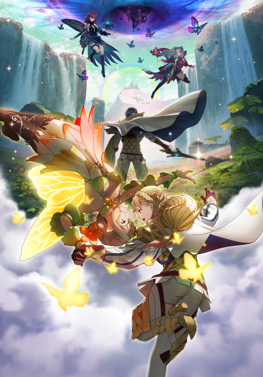 1boy absurdres alfonse_(fire_emblem) armor artist_request black_dress blonde_hair blue_hair boots bug butterfly butterfly_wings cape cloud cloudy_sky day dress fairy_wings field fire_emblem fire_emblem_heroes flower flower_field gloves gradient gradient_clothes gradient_hair hair_ornament high_heels highres holding holding_hand holding_sword holding_weapon insect leg_up long_hair long_sleeves multicolored_hair multiple_girls official_art outdoors peony_(fire_emblem) pink_hair plumeria_(fire_emblem) pointy_ears rainbow sharena short_dress shorts sky sleeveless sparkle striped sword thigh_boots thighhighs thighs tied_hair triandra_(fire_emblem) vertical_stripes water waterfall weapon wings zettai_ryouiki
