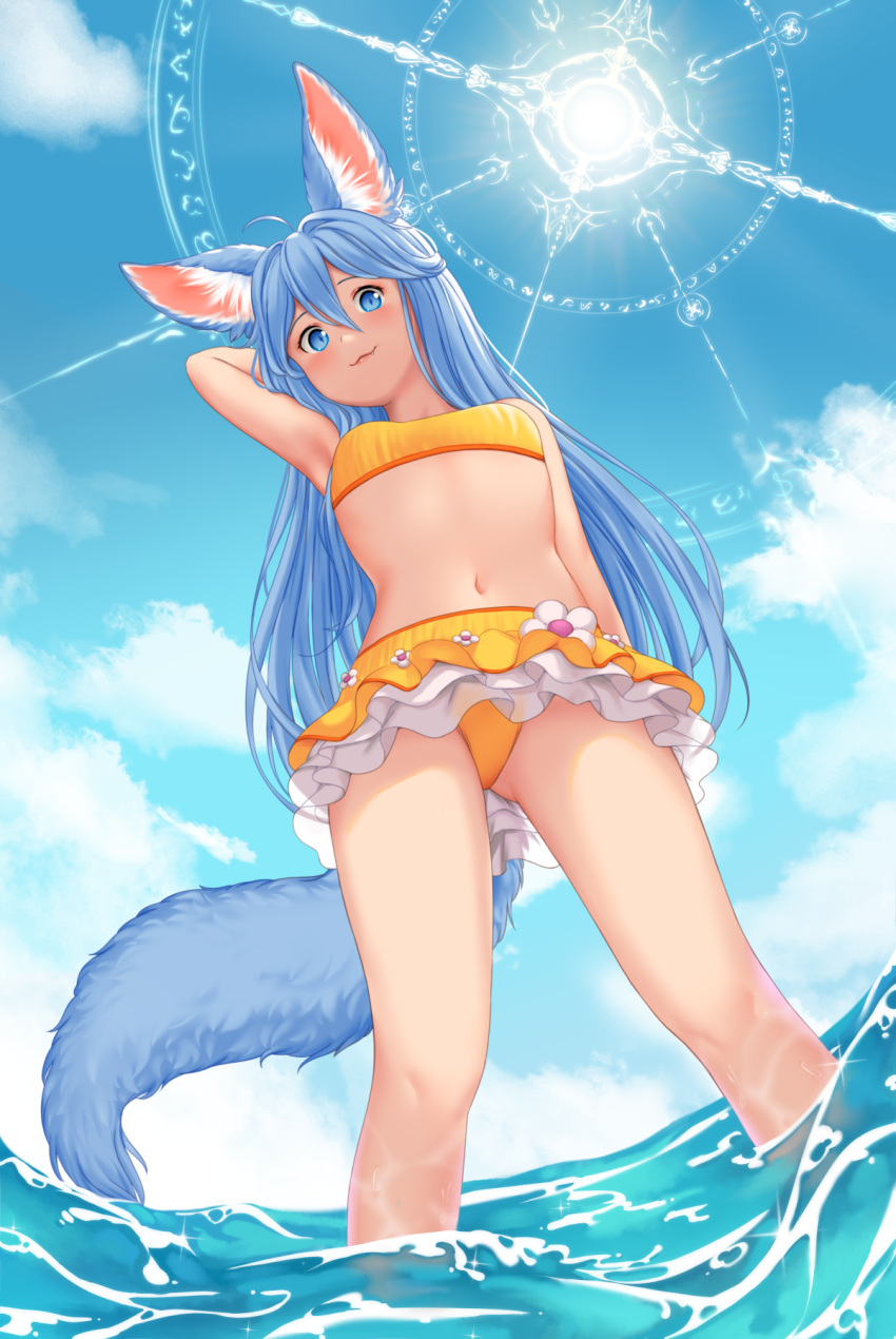 1girl animal_ear_fluff animal_ears arm_behind_head arm_up armpits bikini bikini_skirt blue_eyes blue_hair breasts cloud commission elin_(tera) fox_ears fox_tail from_below highres legs long_hair looking_down magic_circle navel sky small_breasts smile solo sun susukitten swimsuit tail tera_online thighs wading water yellow_bikini