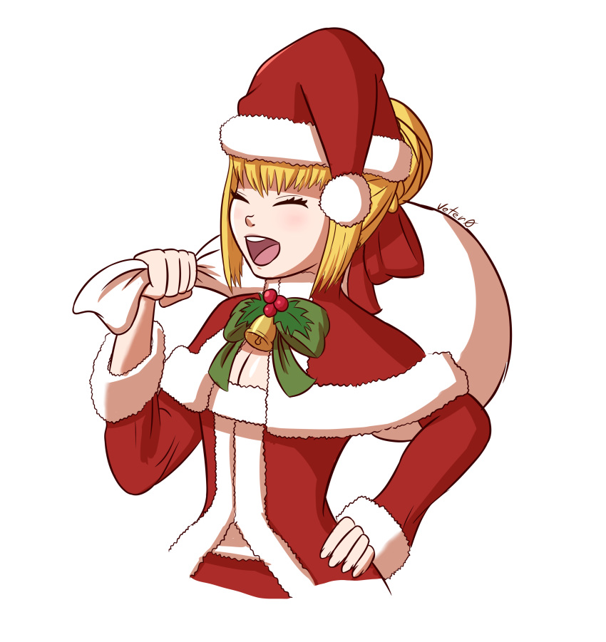 1girl :d ^_^ ^o^ absurdres bangs blonde_hair bow capelet chibi christmas closed_eyes dress fate/extra fate/grand_order fate_(series) grin hat highres holding long_hair long_sleeves meme nero_claudius_(fate) nero_claudius_(fate)_(all) open_mouth padoru red_dress sack santa_costume santa_hat smile solo veter0