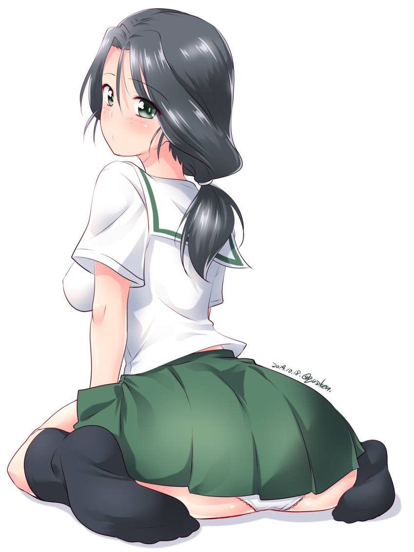 1girl ass black_legwear blouse commentary dated eyebrows_visible_through_hair freckles from_behind girls_und_panzer green_skirt grey_eyes grey_hair hair_tie highres holding kuzuryuu_kennosuke lace lace-trimmed_panties long_hair looking_at_viewer looking_back miniskirt no_shoes ooarai_school_uniform panties pantyshot pantyshot_(sitting) piyotan pleated_skirt ponytail school_uniform serafuku shadow short_sleeves simple_background sitting skirt socks solo twitter_username underwear wariza white_background white_blouse white_panties