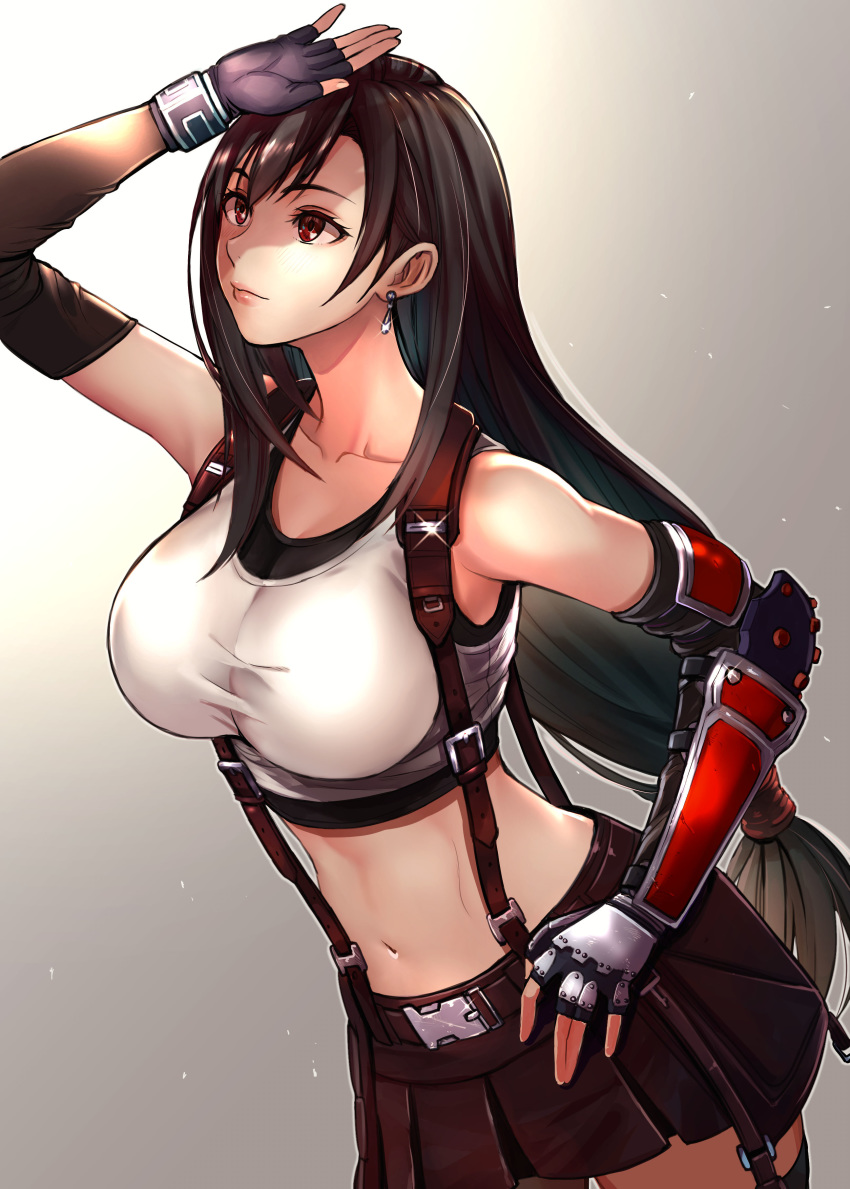 1girl absurdres arm_guards bangs bare_shoulders black_gloves black_hair black_skirt breasts closed_mouth collarbone earrings elbow_gloves elbow_pads final_fantasy final_fantasy_vii fingerless_gloves gloves gradient gradient_background hand_on_hip hand_up highres jewelry large_breasts long_hair looking_at_viewer low-tied_long_hair midriff navel pleated_skirt puca-rasu red_eyes shirt skirt solo suspender_skirt suspenders tank_top taut_clothes taut_shirt tifa_lockhart white_tank_top
