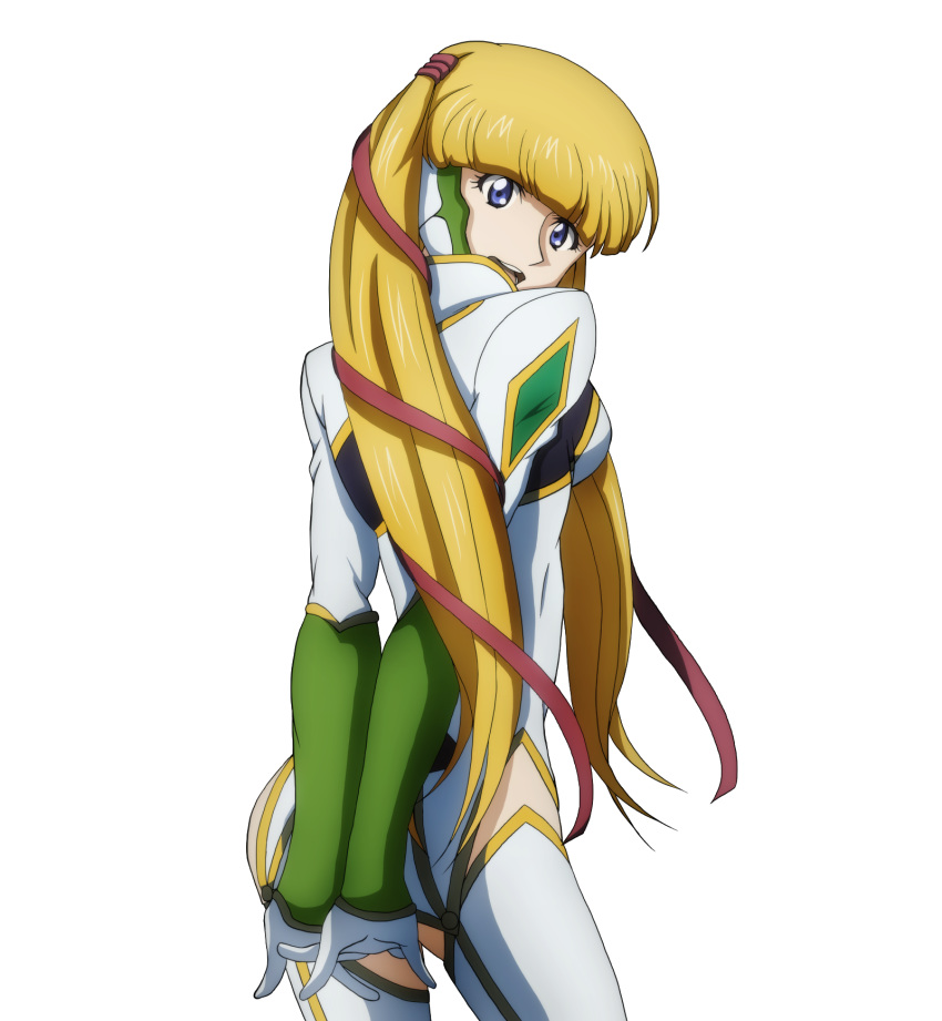 1girl blonde_hair blue_eyes breasts code_geass from_behind gloves hair_ornament hair_ribbon highres long_hair looking_at_viewer looking_back medium_breasts monica_kruszewski open_mouth pilot_suit ribbon s_a_g_a shiny shiny_hair simple_background solo standing teeth thighhighs tongue twintails upper_teeth white_background white_gloves white_legwear