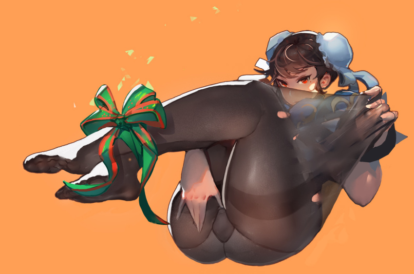 1girl ankle_ribbon black_legwear blue_dress bound_ankles bracelet brown_hair bun_cover china_dress chinese_clothes christmas chun-li double_bun dress feet hiroshi_(hiroshixhiss) jewelry legs_together looking_at_viewer lying mole mole_under_eye no_shoes on_back orange_background panties panties_under_pantyhose pantyhose presenting red_eyes ribbon short_hair solo spiked_bracelet spikes street_fighter tearing_clothes thick_thighs thighband_pantyhose thighs toes torn_clothes torn_legwear underwear