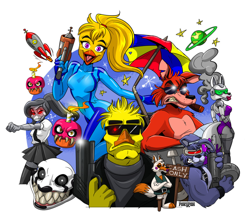 android blonde_hair blue_body blue_fur bonnie_(fnaf) candle chica_(fnaf) cigar clothing cupcake_(fnaf) cybernetics cyborg eyewear fire five_nights_at_freddy's five_nights_at_freddy's_2 five_nights_at_freddy's_world foxy_(fnaf) freddy_in_space_2 funtime_foxy_(fnaf) fur glowing glowing_eyes gun hair hi_res lolbit_(fnaf) machine marionette_(fnaf) metroid metroid_(series) nintendo pinkypills planet ranged_weapon red_body red_fur red_hair robot samus_aran smoke spacecraft star sunglasses terminator toy_chica_(fnaf) umbrella vehicle video_games weapon yellow_body yellow_fur