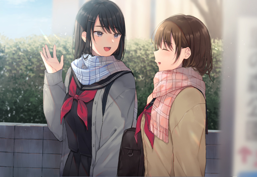 2girls :d bangs black_hair black_sailor_collar black_serafuku black_shirt black_skirt blue_scarf blurry blurry_background blush brown_cardigan brown_hair cardigan closed_eyes commentary_request day depth_of_field eyebrows_visible_through_hair facing_another fringe_trim grey_cardigan grey_eyes hand_up looking_at_another multiple_girls neckerchief noda_shuha open_cardigan open_clothes open_mouth original outdoors pink_scarf plaid plaid_scarf pleated_skirt profile red_neckwear sailor_collar scarf school_uniform serafuku shirt skirt smile