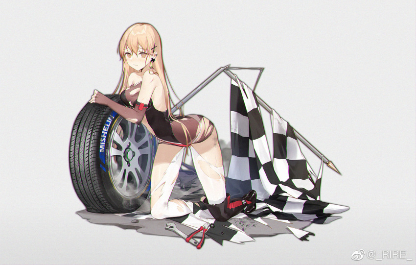 1girl arched_back black_footwear boots breasts checkered checkered_flag earrings elbow_gloves fingerless_gloves flag girls_frontline gloves grey_background hair_ornament jewelry kneeling light_brown_eyes light_brown_hair long_hair looking_at_viewer medium_breasts piercing pliers ppk_(girls_frontline) race_queen simple_background smile_(mm-l) solo thigh_boots thighhighs tire torn_clothes weibo_username wet white_legwear wrench