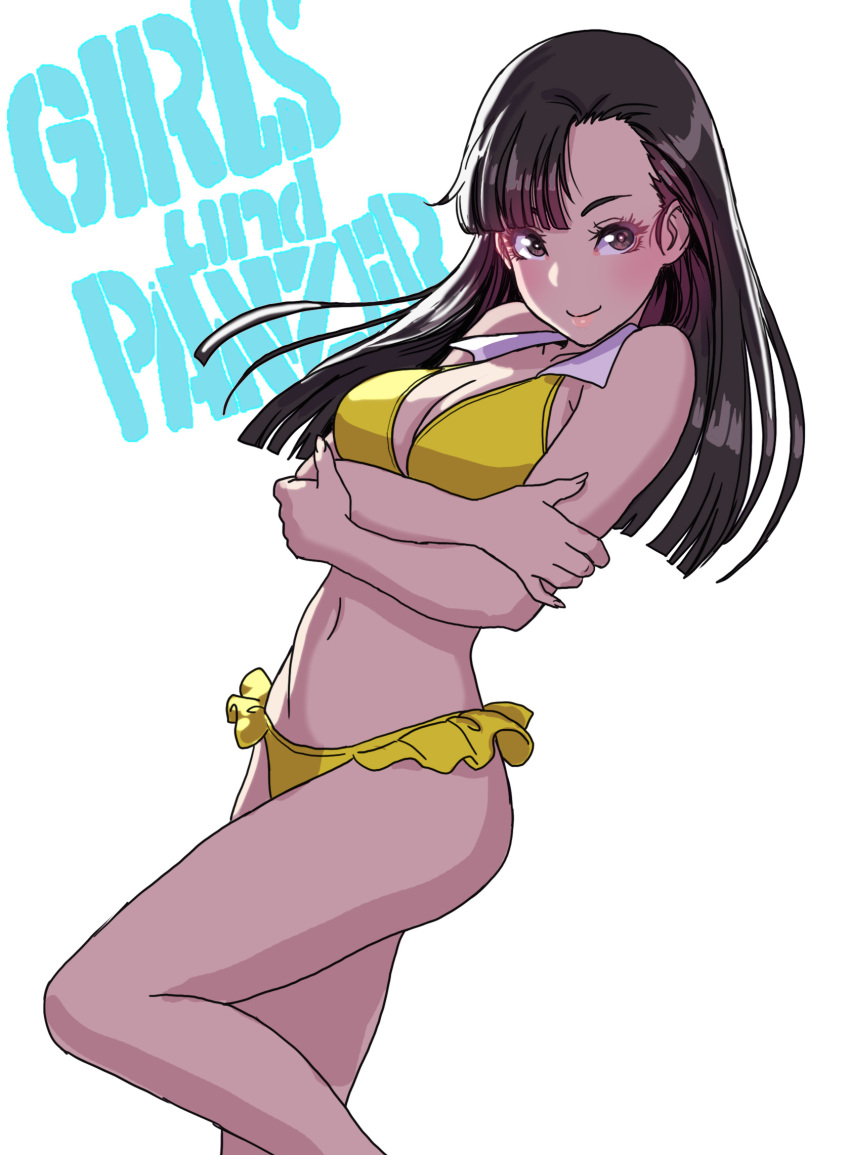 1girl bangs bare_arms bare_shoulders bikini black_hair breast_hold breasts brown_hair cleavage closed_mouth collarbone copyright_name crossed_arms fingernails girls_und_panzer highres lips long_hair looking_at_viewer medium_breasts navel nishi_kinuyo parted_bangs shiny shiny_hair simple_background smile solo stomach swimsuit white_background yamashita_shun'ya yellow_bikini