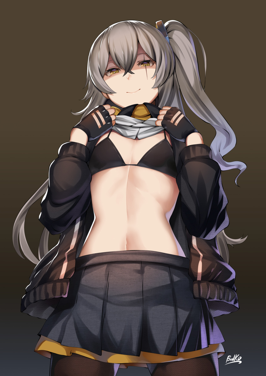 1girl absurdres bangs banned_artist black_bikini_top black_gloves black_jacket black_skirt breasts brown_eyes closed_mouth fingerless_gloves girls_frontline gloves gradient gradient_background grey_hair highres jacket lolicept long_hair long_sleeves looking_at_viewer navel one_side_up open_clothes open_jacket pantyhose pleated_skirt scar scar_across_eye shaded_face shirt_lift skirt small_breasts smile solo ump45_(girls_frontline)