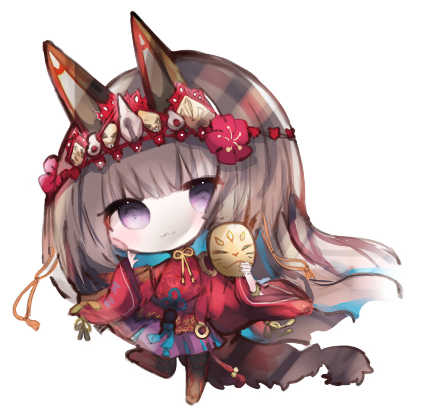 1girl :3 animal_ears bangs black_footwear black_legwear boots brown_hair character_request chibi closed_mouth commentary_request cottontailtokki flower full_body hair_flower hair_ornament headpiece holding holding_mask long_hair long_sleeves mask mask_removed pleated_skirt purple_eyes purple_skirt red_flower red_shirt shadowverse shirt simple_background skirt sleeves_past_wrists solo standing standing_on_one_leg thigh_boots thighhighs very_long_hair white_background wide_sleeves