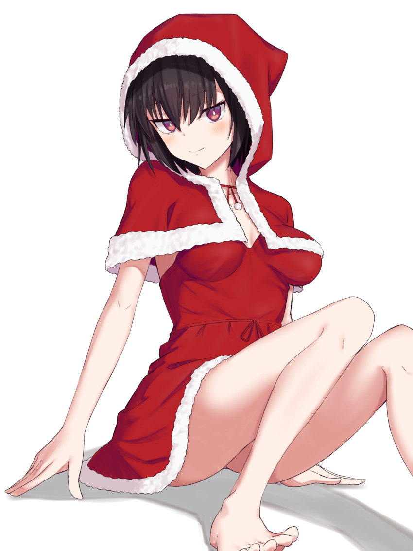 1girl ass bangs bare_legs barefoot black_hair breasts collarbone commentary_request dress elfenlied22 eyebrows_visible_through_hair fate/grand_order fate_(series) fur_trim hat highres medium_breasts ortlinde_(fate/grand_order) red_dress red_headwear santa_dress santa_hat short_hair simple_background valkyrie_(fate/grand_order) white_background