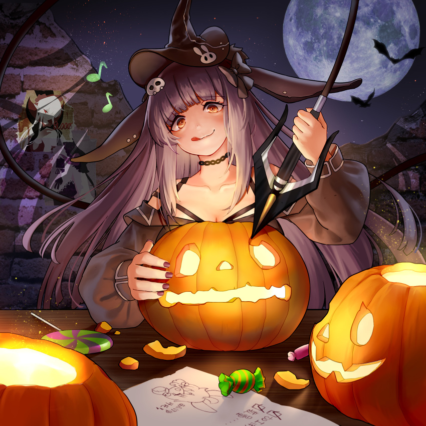 1girl animal_ears arknights bat black_hair candy costume food food_themed_hair_ornament full_moon hair_ornament halloween halloween_basket halloween_costume hat highres jack-o'-lantern lollipop long_hair moon okran pumpkin pumpkin_hair_ornament pumpkin_hat rope_(arknights) swirl_lollipop tail witch witch_hat