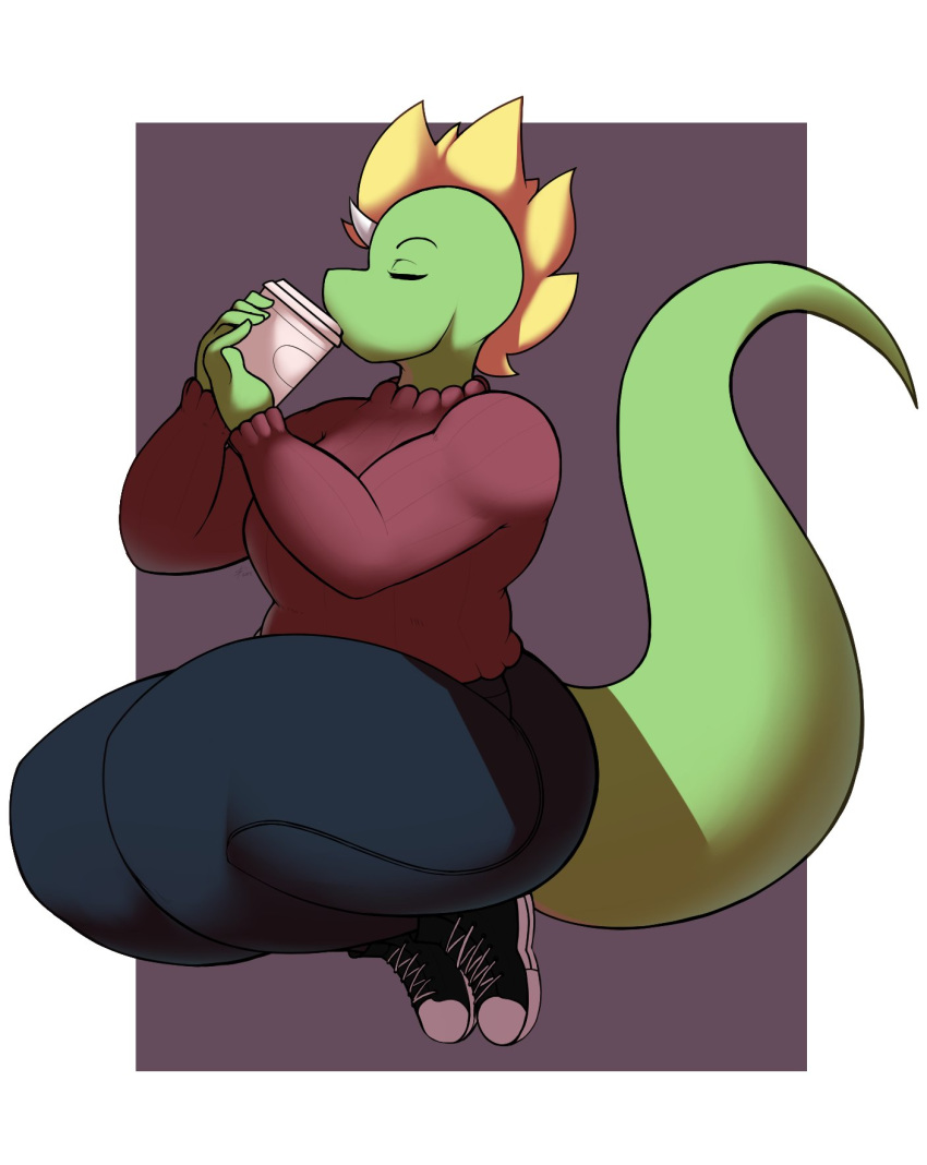 anthro beverage biped blonde_hair bottomwear breasts brown_eyes clothed clothing coffee curvy_figure digitalpelican dragon female fully_clothed green_body green_scales hair horn jeans long_tail mohawk_(hairstyle) non-mammal_breasts pants sasha_(digitalpelican) scales scalie simple_background sitting slightly_chubby sneakers solo sweater thick_tail thick_thighs topwear voluptuous wide_hips