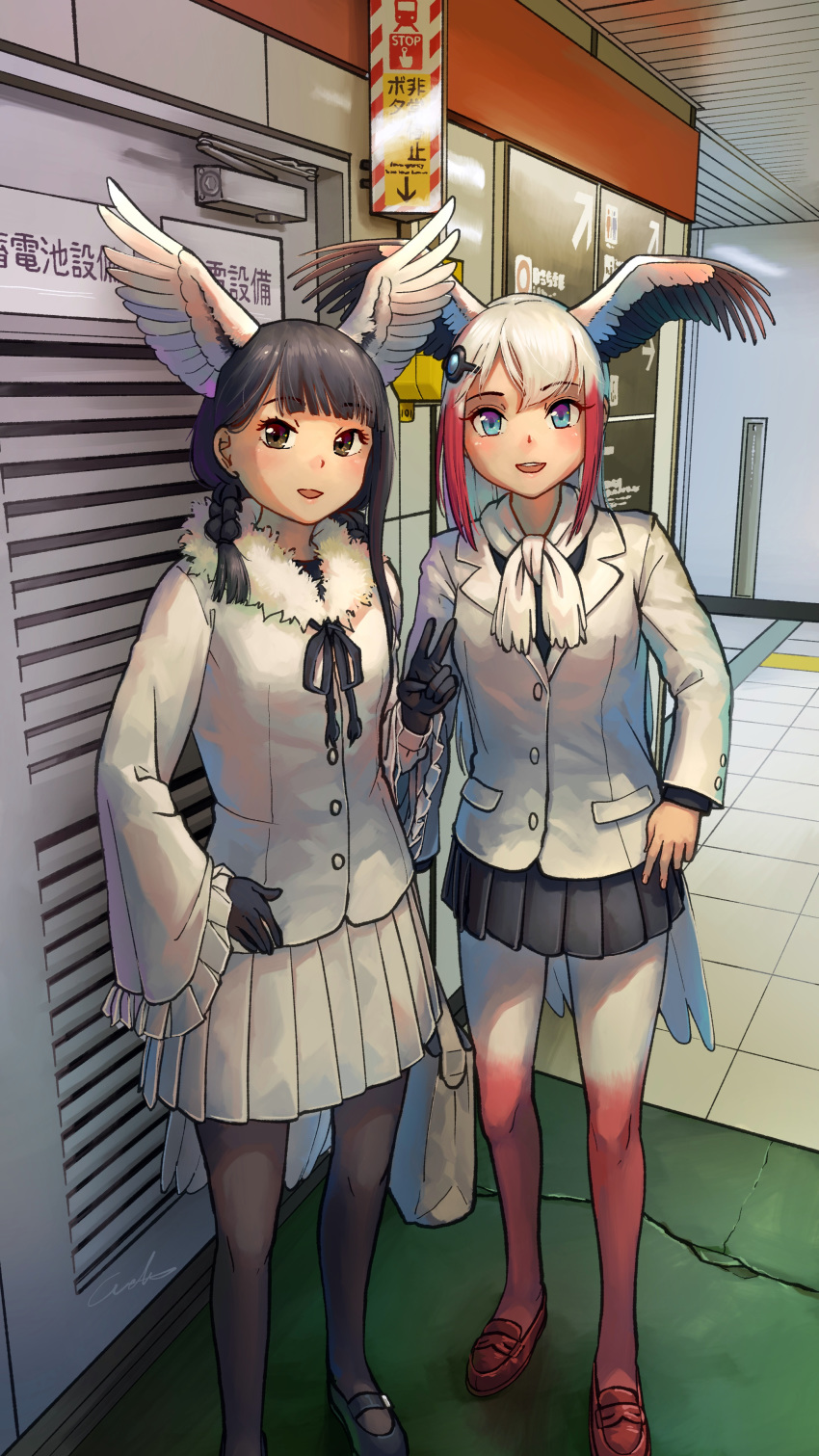 2girls :d absurdres bangs black-headed_ibis_(kemono_friends) black_footwear black_gloves black_hair black_legwear black_skirt blue_eyes blunt_bangs braid brown_eyes commentary_request eyebrows_visible_through_hair frilled_sleeves frills fur_collar gloves gradient gradient_legwear hair_ornament hairclip hand_on_hip head_wings highres indoors jacket japanese_crested_ibis_(kemono_friends) kemono_friends long_hair long_sleeves looking_at_viewer multicolored multicolored_clothes multicolored_legwear multiple_girls open_mouth pantyhose pleated_skirt red_footwear red_hair red_legwear shoes signature single_sidelock skirt smile standing tile_floor tiles touhou v welt_(kinsei_koutenkyoku) white_hair white_jacket white_legwear white_skirt white_stork_(kemono_friends) wide_sleeves