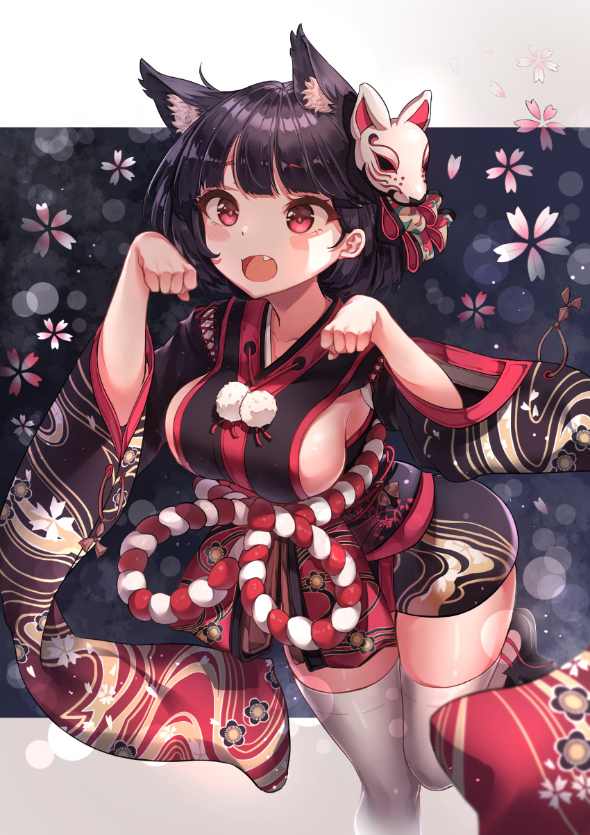 1girl absurdres alswp5806 animal_ear_fluff animal_ears azur_lane bangs black_hair blush_stickers breasts cat_ears cherry_blossoms collarbone eyebrows_visible_through_hair falling_petals fang highres japanese_clothes kimono large_breasts leg_up looking_at_viewer mask mask_on_head obi open_mouth paw_pose red_eyes sash short_hair short_kimono sideboob solo standing standing_on_one_leg symbol_commentary thighhighs white_legwear wide_sleeves yamashiro_(azur_lane)