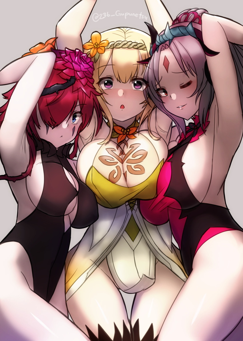 3girls :o absurdres armpits arms_up asymmetrical_docking bare_shoulders blonde_hair blue_eyes breast_press breasts cleavage cleavage_cutout commentary_request elf facial_mark fire_emblem fire_emblem_heroes flower forehead_mark grin gupunetsu hair_flower hair_ornament hair_over_one_eye hairband highres large_breasts leotard looking_at_viewer multiple_girls no_panties one_eye_closed peony_(fire_emblem) plumeria_(fire_emblem) pointy_ears ponytail purple_eyes purple_hair red_eyes short_hair sideboob silver_hair smile triandra_(fire_emblem) twitter_username