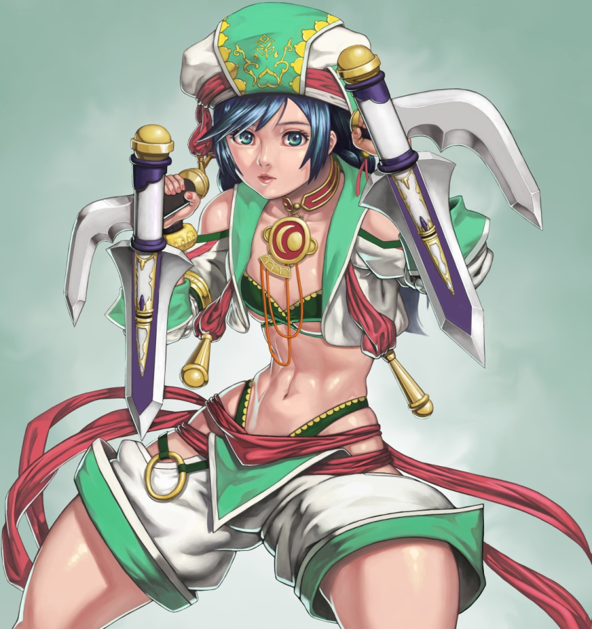 1girl abs bikini blue_hair breasts commentary_request dual_wielding fighting_stance green_bikini green_eyes hat highleg highleg_bikini highres hip_vent holding lips medium_hair midriff navel nose o-ring shinonome_(game_hakkutsu_tai) shorts small_breasts solo soulcalibur swimsuit talim toned tonfa vest weapon