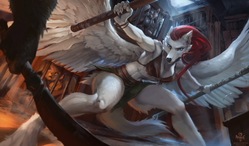 2019 5_fingers alectorfencer anthro blue_eyes canid canine canis clothed clothing detailed_background digital_media_(artwork) feathered_wings feathers female fingers fur group hair inside mammal red_hair white_body white_feathers white_fur wings wolf