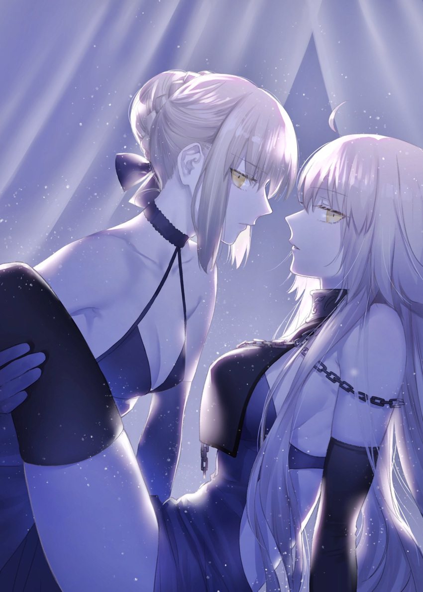 2girls ahoge artoria_pendragon_(all) bangs bare_shoulders black_dress blonde_hair breasts chain choker curtains dark_persona detached_sleeves dress eyebrows_visible_through_hair fate/grand_order fate/stay_night fate_(series) from_side gothic_lolita highres jeanne_d'arc_(alter)_(fate) jeanne_d'arc_(fate)_(all) large_breasts lolita_fashion long_hair looking_to_the_side multiple_girls nipi27 saber_alter short_hair sideboob sidelocks silver_hair sitting yellow_eyes