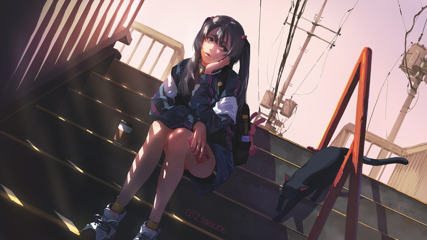 1girl backpack bag bangs black_hair blue_eyes cat cellphone cup dutch_angle facing_viewer g-tz head_in_hand highres lips long_hair original outdoors overhead_line phone sitting solo stairs twintails