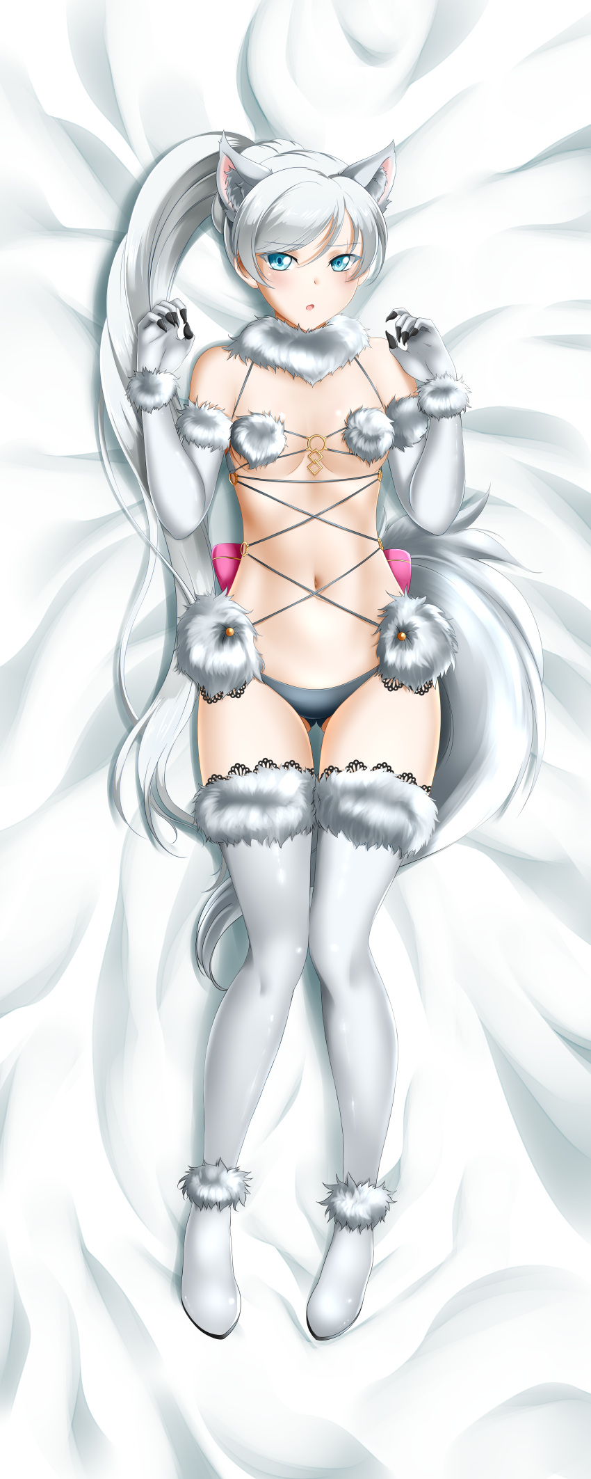 1girl absurdres alfred_cullado alternate_color animal_ear_fluff animal_ears ass_visible_through_thighs bangs banned_artist bed_sheet blue_eyes boots breasts choker cleavage dakimakura dangerous_beast elbow_gloves eyebrows_visible_through_hair fox_ears fox_tail from_above full_body fur-trimmed_boots fur-trimmed_gloves fur_trim gloves grey_panties hair_between_eyes high_ponytail highres huge_filesize incredibly_absurdres long_hair looking_at_viewer lying midriff navel on_back panties rwby side_ponytail silver_hair small_breasts solo stomach swept_bangs tail thigh_boots thigh_gap thighhighs underboob underwear very_long_hair weiss_schnee white_footwear white_gloves