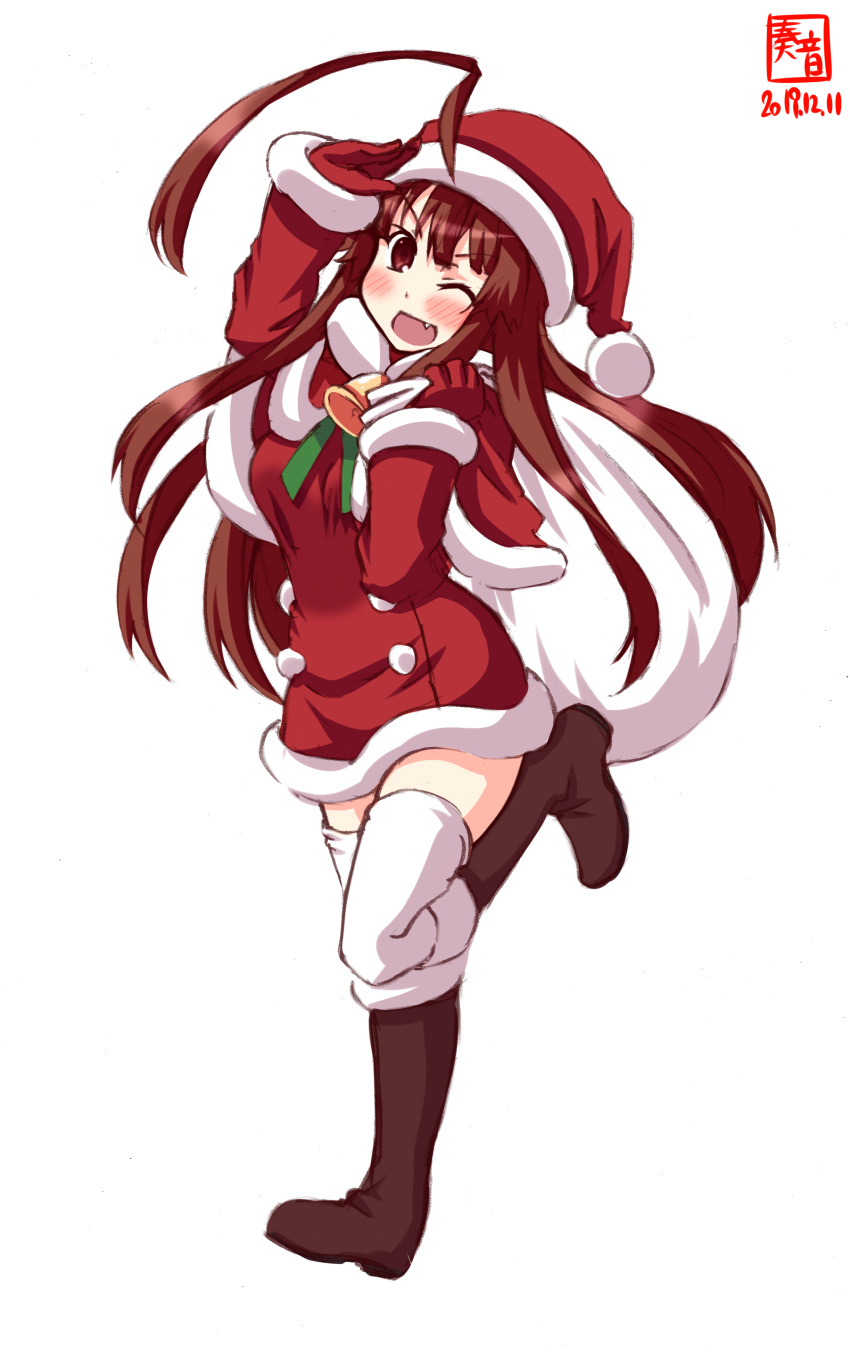 1girl absurdres ahoge alternate_costume artist_logo boots brown_eyes brown_footwear brown_hair capelet commentary_request dated dress full_body fur-trimmed_capelet fur-trimmed_dress fur_trim gloves hat highres huge_ahoge kanon_(kurogane_knights) kantai_collection kuma_(kantai_collection) long_hair looking_at_viewer one_eye_closed red_capelet red_dress red_gloves red_headwear sack salute santa_costume santa_hat simple_background smile solo thighhighs white_background white_legwear