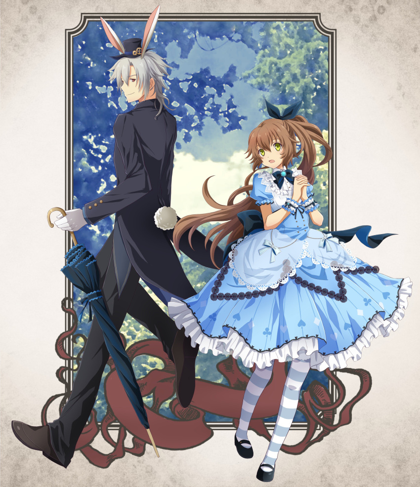 1boy 1girl absurdres alice_(wonderland) alice_(wonderland)_(cosplay) animal_ears aono_(aonocrotowa) back_bow black_bow black_footwear black_jacket black_neckwear blue_shirt blue_skirt bow bunny_ears bunny_tail closed_mouth closed_umbrella cosplay eiyuu_densetsu frilled_sleeves frills full_body gloves green_eyes hair_bow hands_clasped highres holding holding_umbrella jacket layered_skirt long_sleeves looking_at_another mary_janes medium_skirt own_hands_together pantyhose print_skirt rean_schwartzer red_eyes sen_no_kiseki shirt shoes short_sleeves skirt smile striped striped_legwear tail towa_herschel transparent umbrella white_gloves