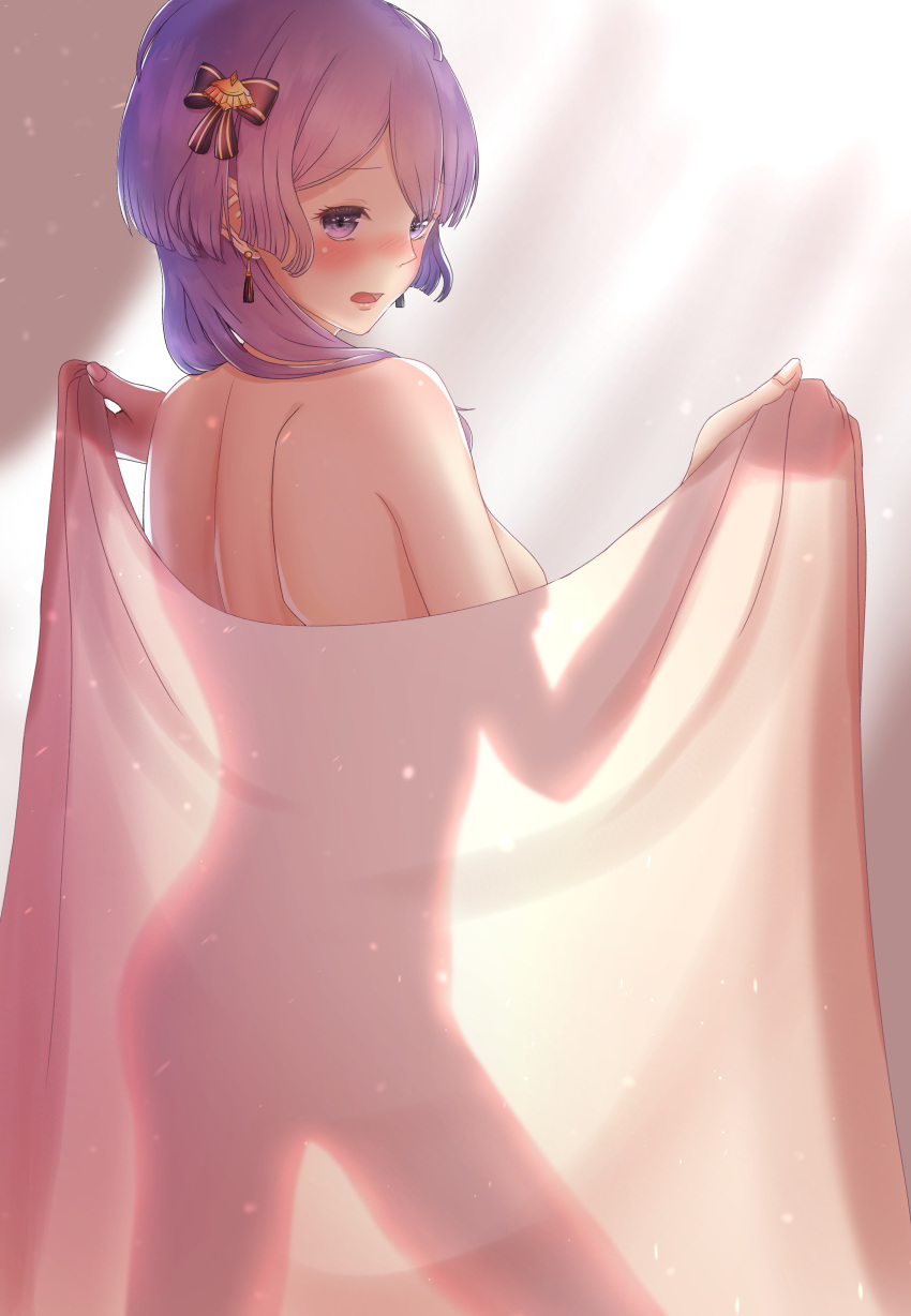 1girl :o absurdres back bernadetta_von_varley blush bow breasts earrings embarrassed fingernails fire_emblem fire_emblem:_three_houses full-face_blush hair_bow hair_ornament highres holding_sheet indoors jewelry light_rays looking_at_viewer looking_back medium_breasts medium_hair naked_sheet nude open_mouth parupome purple_eyes purple_hair sideboob silhouette solo standing