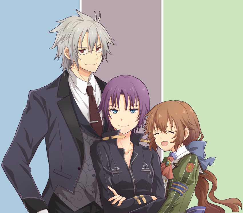 1boy 2girls :d absurdres aono_(aonocrotowa) ascot black_jacket black_neckwear black_pants blue_bow blue_eyes bow brown_hair character_request closed_eyes closed_mouth collarbone collared_shirt crossed_arms eiyuu_densetsu green_jacket hair_bow highres jacket long_hair long_sleeves mole mole_under_eye multiple_girls necktie open_clothes open_jacket open_mouth pants ponytail purple_hair rean_schwartzer red_eyes red_neckwear sen_no_kiseki shiny shiny_hair shirt short_hair silver_hair smile towa_herschel very_long_hair white_shirt wing_collar