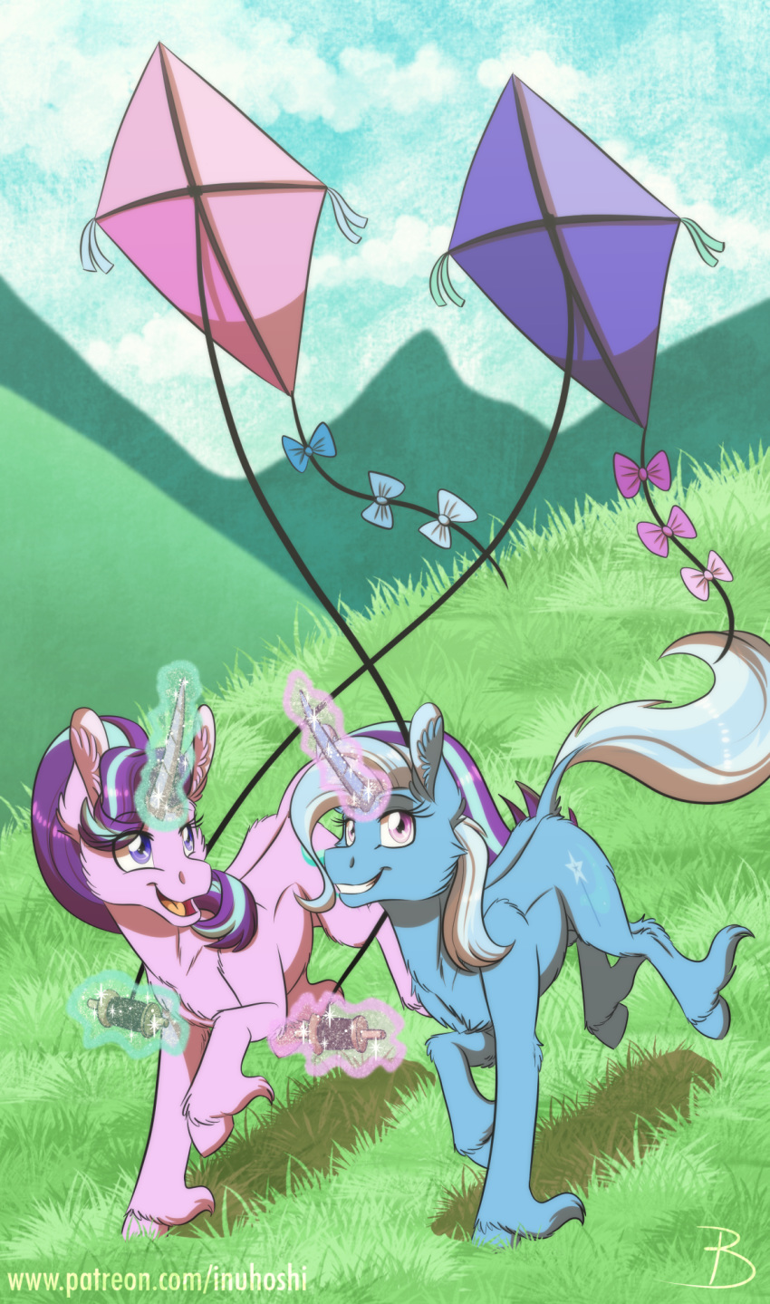 duo equid female friendship_is_magic glowing horn inuhoshi-to-darkpen kite kite_flying levitation magic mammal my_little_pony running sparkles starlight_glimmer_(mlp) trixie_(mlp) unicorn