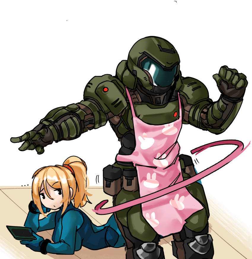 ... 1boy 1girl absurdres apron belt_pouch black_eyes blue_bodysuit bodysuit clenched_hand commission crossover doom_(2016) doom_(game) doomguy gokushufudou highres hoop hula_hoop lying metroid on_stomach parody pink_apron ponytail pouch praetor_suit samus_aran skin_tight space_marine zana zero_suit