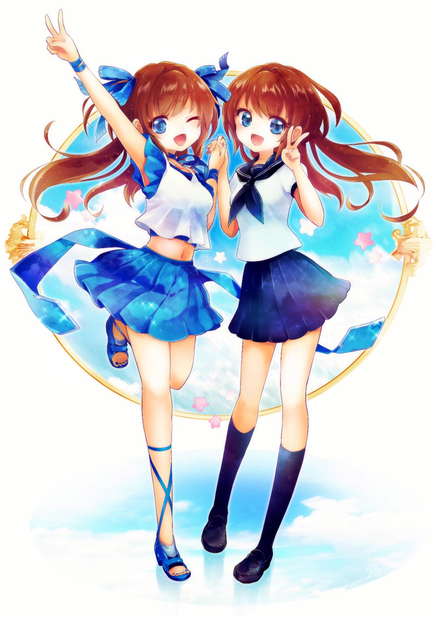 2girls aozora_haruka_(sorano_kakera) arm_up bangs black_footwear black_legwear black_neckwear black_skirt blouse blue_eyes blue_footwear blue_ribbon blue_skirt blue_sky brown_hair camisole cloud cloudy_sky commentary_request day dual_persona hair_ribbon highres holding_hands kosame_koori layered_clothing leg_up loafers long_hair looking_at_viewer midriff miniskirt multiple_girls neckerchief open_mouth pleated_skirt ribbon sandals school_uniform serafuku shirt shoes short_sleeves skirt sky smile socks sorano_kakera sparkle standing standing_on_one_leg v virtual_youtuber white_blouse white_shirt wind wristband