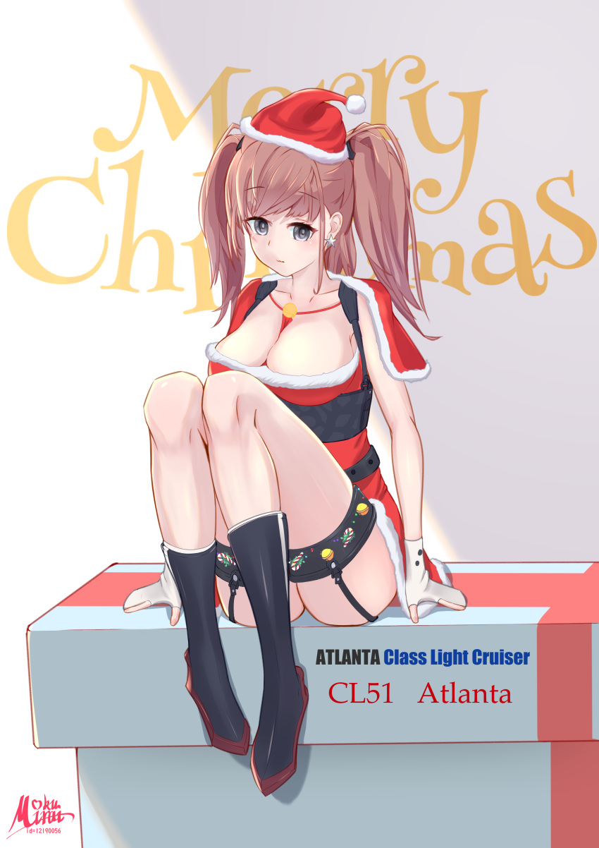 absurdres alternate_costume artist_name atlanta_(kantai_collection) background_text black_footwear breasts brown_hair christmas christmas_present cleavage commentary earrings english_text eyebrows_visible_through_hair garter_straps gloves grey_eyes hat highres jewelry kantai_collection large_breasts merry_christmas miraimiraimiku partly_fingerless_gloves santa_costume santa_hat sitting star star_earrings twintails white_gloves