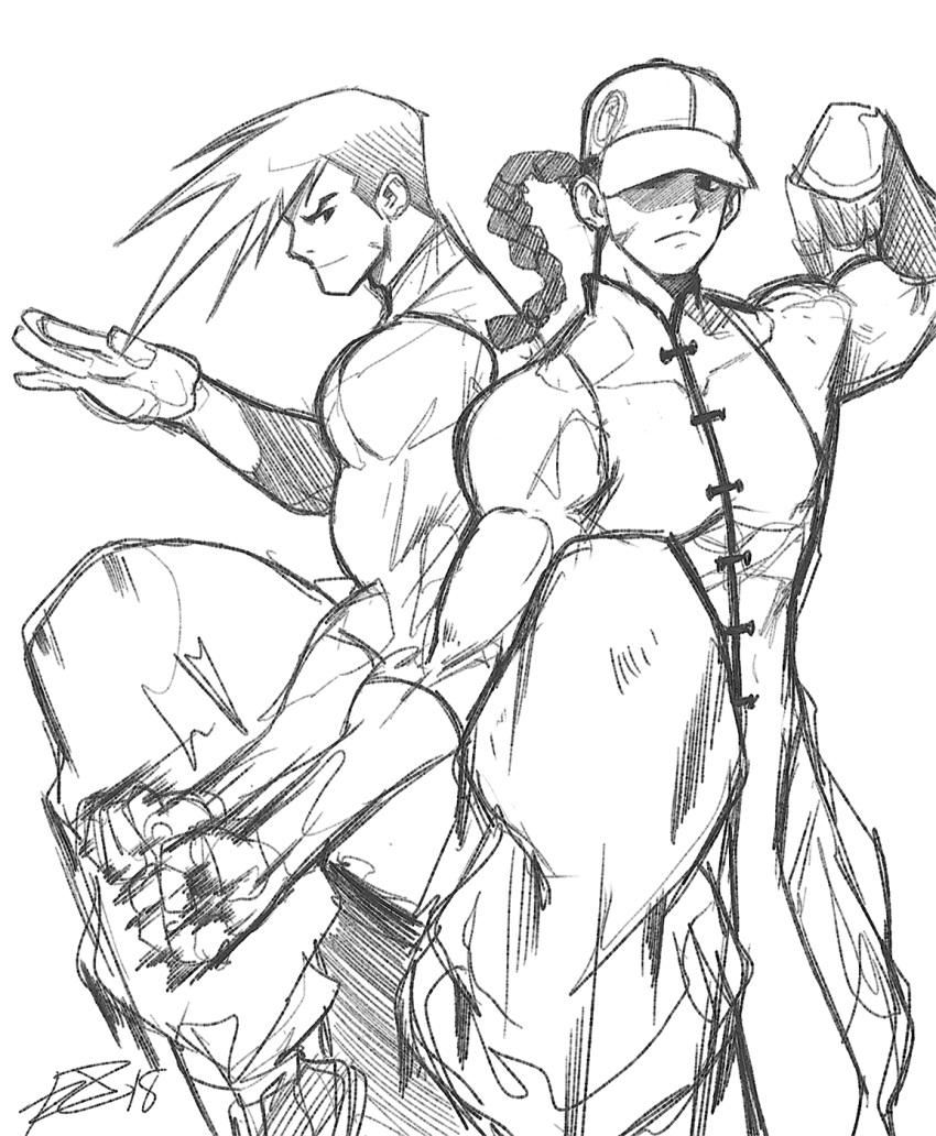 2boys back-to-back baggy_pants baseball_cap braid brothers chinese_clothes fighting_stance fringe_trim hat highres male_focus multiple_boys muscle pants robert_porter serious siblings single_braid sketch sleeveless standing standing_on_one_leg street_fighter street_fighter_iii_(series) twins yang_lee yun_lee