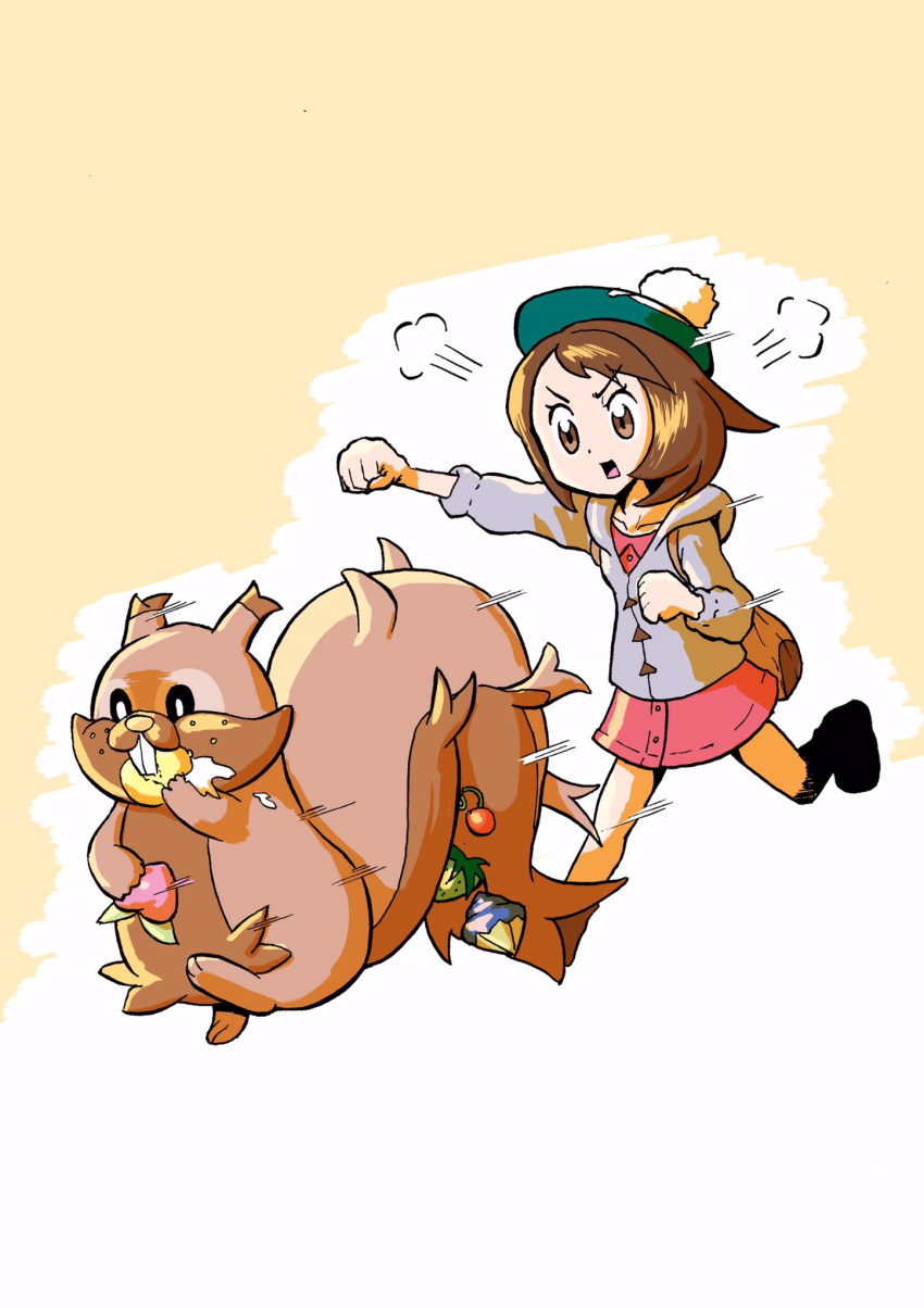 2019 angry backpack brown_body brown_eyes brown_fur chasing cheri_berry chesto_berry clothing dress footwear fur gloria_(pok&eacute;mon) greedent hair hat headgear headwear human jacket mammal mochy nintendo orange_background pecha_berry pok&eacute;mon pok&eacute;mon_(species) raised_arm rawst_berry rodent running sciurid shoes short_hair simple_background sitrus_berry sweater tam_o'_shanter topwear video_games