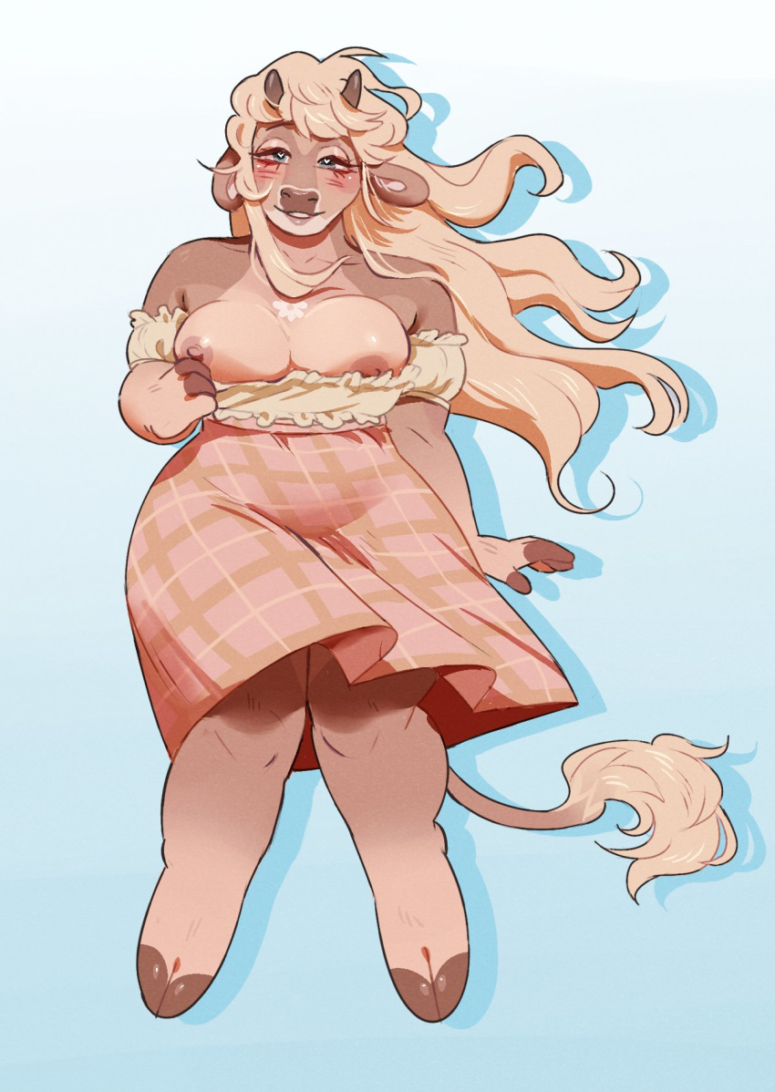 anthro big_breasts blush bovid bovine breasts cattle clothing dress dress_pull female flashing hi_res hooves horn looking_at_viewer mammal megumigoo nipples simple_background slightly_chubby solo white_background