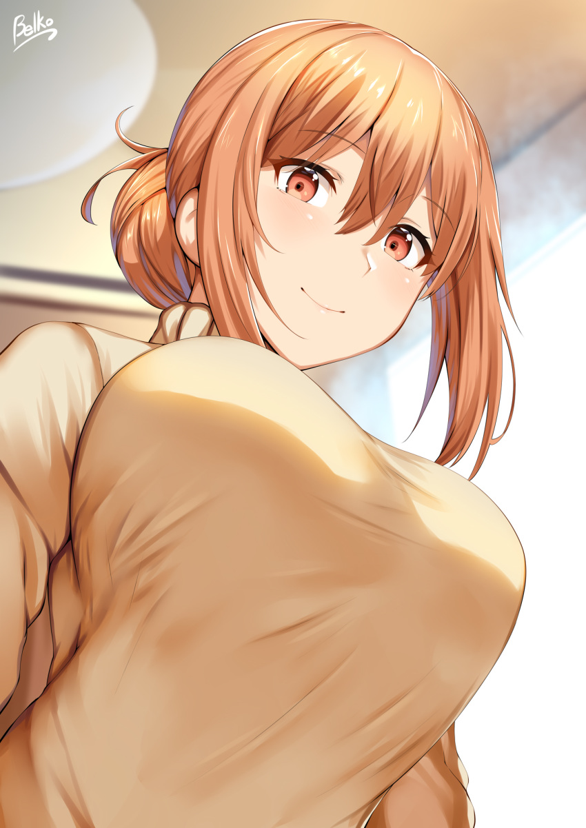 1girl bangs banned_artist blush breasts brown_sweater closed_mouth eyebrows_visible_through_hair from_below hair_bun highres indoors large_breasts lolicept looking_at_viewer looking_down orange_hair red_eyes signature smile solo sweater turtleneck turtleneck_sweater upper_body yahari_ore_no_seishun_lovecome_wa_machigatteiru. yuigahama_yui's_mother