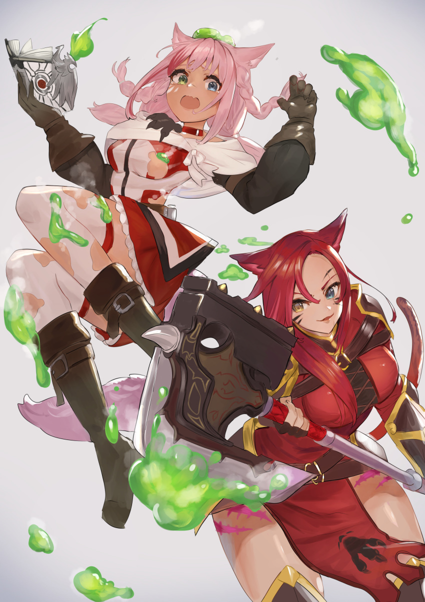 2girls :d absurdres animal_ears axe bangs black_legwear blue_eyes book braid breasts brown_footwear brown_gloves brown_hair capelet cat_ears cat_tail choker commission crying crying_with_eyes_open dissolving_clothes fantasy gloves green_eyes grey_background heterochromia highres holding holding_axe long_hair medium_breasts moco1031 multiple_girls ooze open_mouth original pink_hair red_choker scar simple_background smile tabard tail tears thighhighs whisker_markings white_capelet white_legwear yellow_eyes