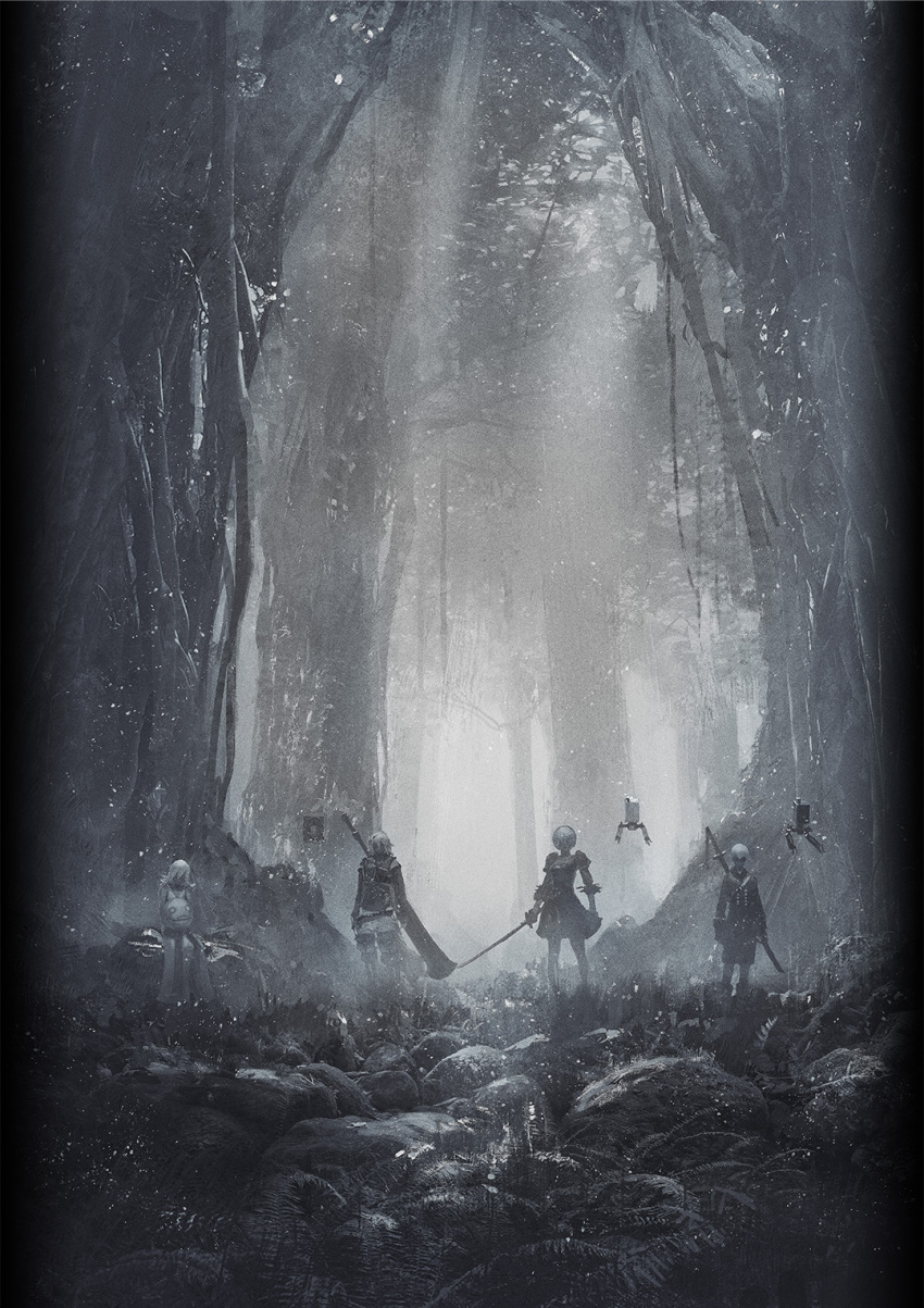 2boys 2girls black_clothes black_dress blindfold book dress emil_(nier) feather-trimmed_sleeves floating forest grimoire_weiss highres huge_weapon looking_at_viewer monochrome multiple_boys multiple_girls nature nier nier_(series) nier_(young) nier_automata official_art pod_(nier_automata) rock scenery short_hair silver_hair sitting standing sword tree weapon weapon_on_back white_dress yonah yorha_no._2_type_b yorha_no._9_type_s