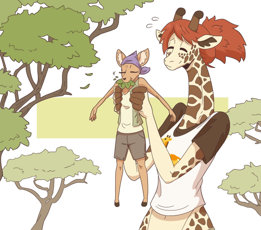 2019 5_fingers antelope anthro bandanna bottomwear bovid clothed clothing digital_media_(artwork) duo eating female fingers food fur gazelle giraffe giraffid hair herbivore horn mammal red_hair shirt shorts simple_background size_difference slightlysimian smile spots spotted_body spotted_fur spotted_skin topwear tree vest