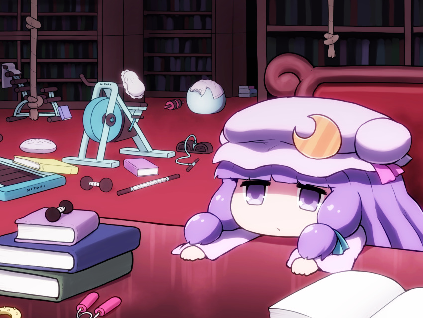 1girl bangs blue_ribbon blunt_bangs book book_stack bookshelf chair chibi commentary_request crescent crescent_hair_ornament dumbbell exercise_bike hair_ornament hair_ribbon hat hat_ribbon indoors long_hair long_sleeves mob_cap patchouli_knowledge pink_ribbon purple_eyes purple_hair purple_headwear ribbon rope shirosato solo touhou treadmill wide_sleeves