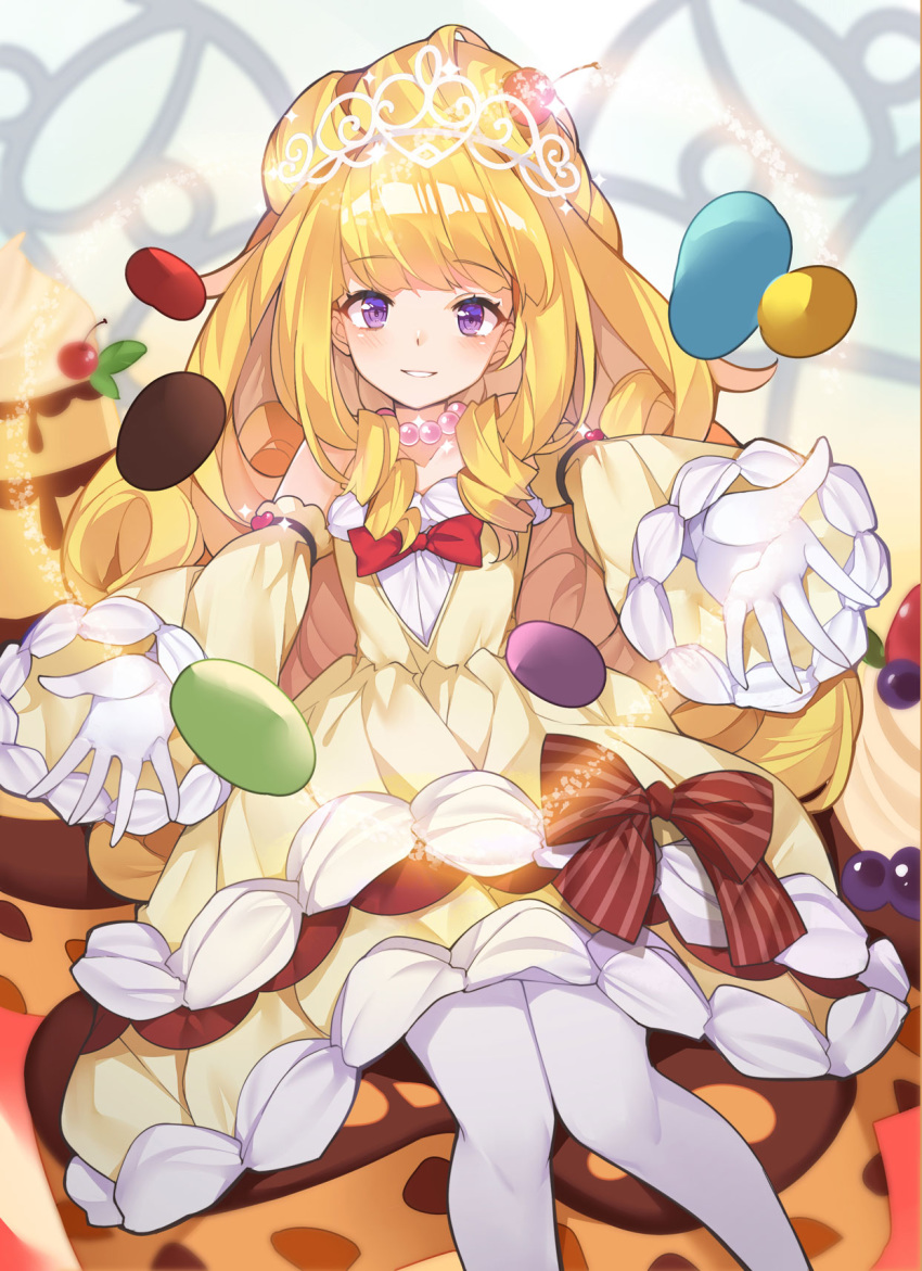 1girl bangs blonde_hair blunt_bangs blush bow cake cake_dress candy cherry cherry_hair_ornament commentary detached_sleeves dress drill_hair duel_monster eyebrows_visible_through_hair floating floating_object food food_as_clothes food_themed_hair_ornament fruit glint gloves hair_ornament highres jelly_bean jewelry kikistark long_hair madolche_puddingcess necklace outstretched_arms parted_lips pearl_necklace pudding purple_eyes red_bow sitting_on_food sleeveless sleeveless_dress smile solo sparkle striped striped_bow symbol_commentary tiara twin_drills very_long_hair whipped_cream white_gloves white_legwear yellow_dress yuu-gi-ou